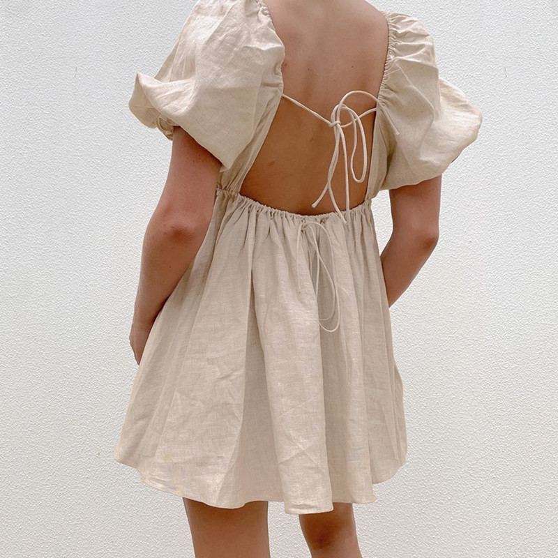 Nomikuma Cotton Linen Square Collar Blouse Shirt Sexy Bow Tie Backless Women Tops Spring Summer New Puff Sleeve Blusas 6G456 210427