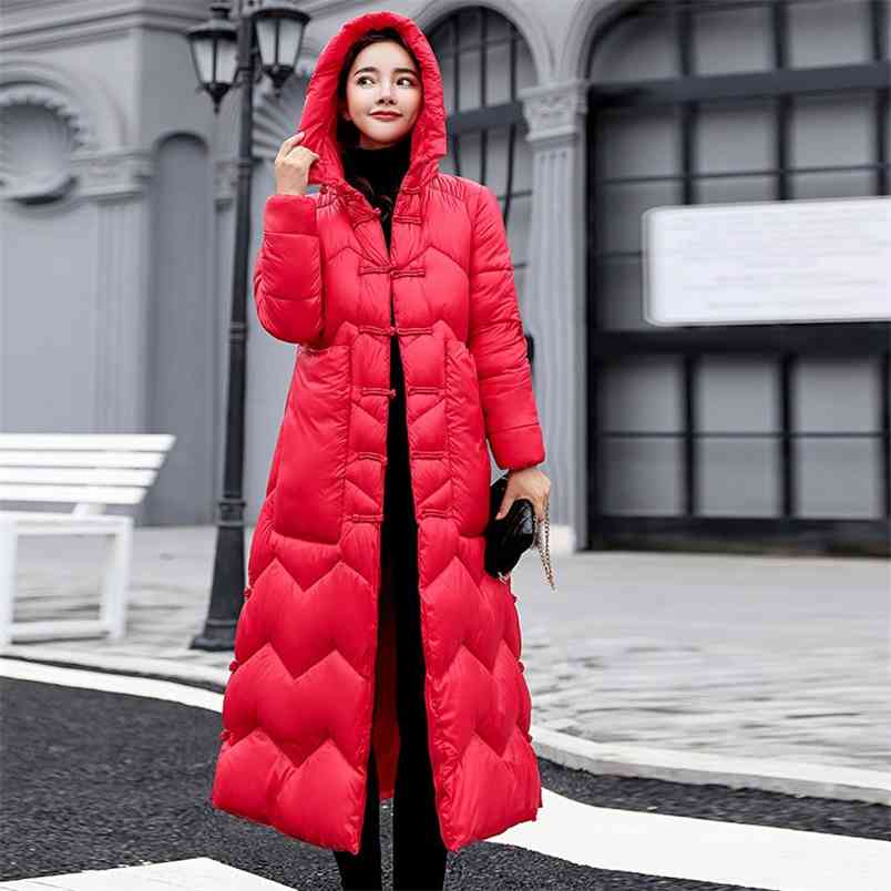 High Quality Winter Jacket National Style Women Slim X-long Vintage Coat Hooded thicken Female Padded Outwear Warm Parkas D268 210512