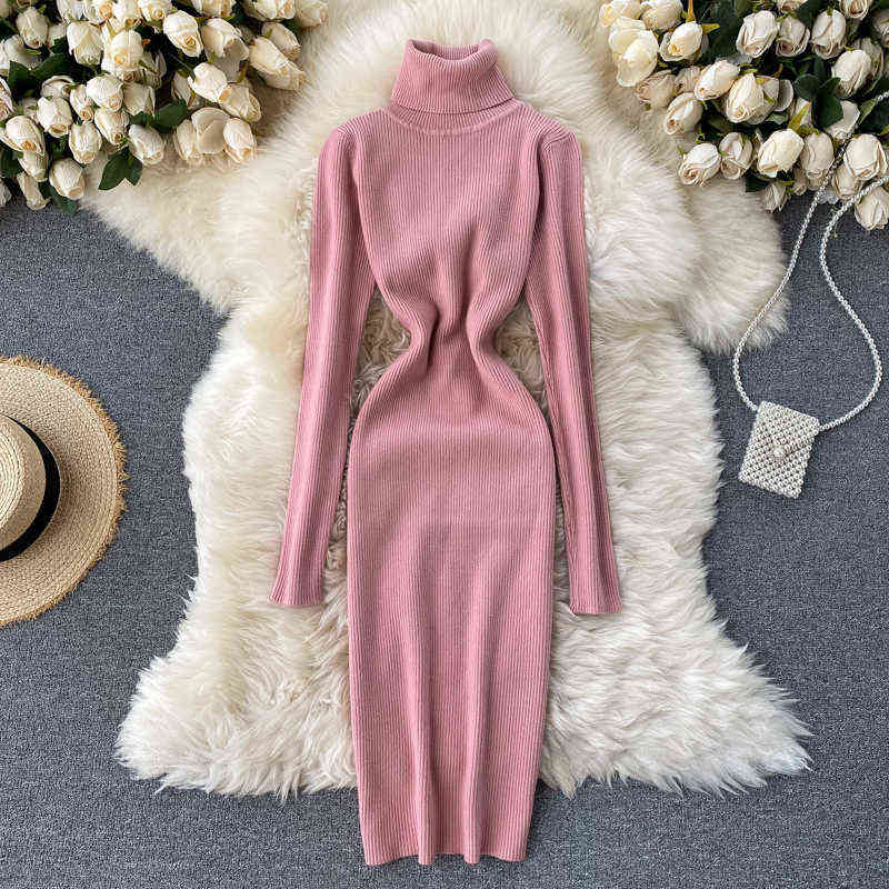 Sweater Dress Winter Turtleneck Warm Long Sleeve Knit Dress Korean Fashion Casual Solid Women Midi Bodycon Dress 211221