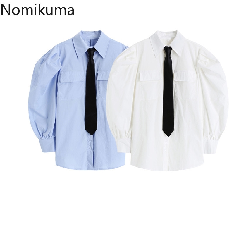 Nomikuma Japanese Puff Sleeve Women Shirt Causal Turn-down Collar Tie Blouse Top Spring New Causal Blusas Mujer 6E761 210427
