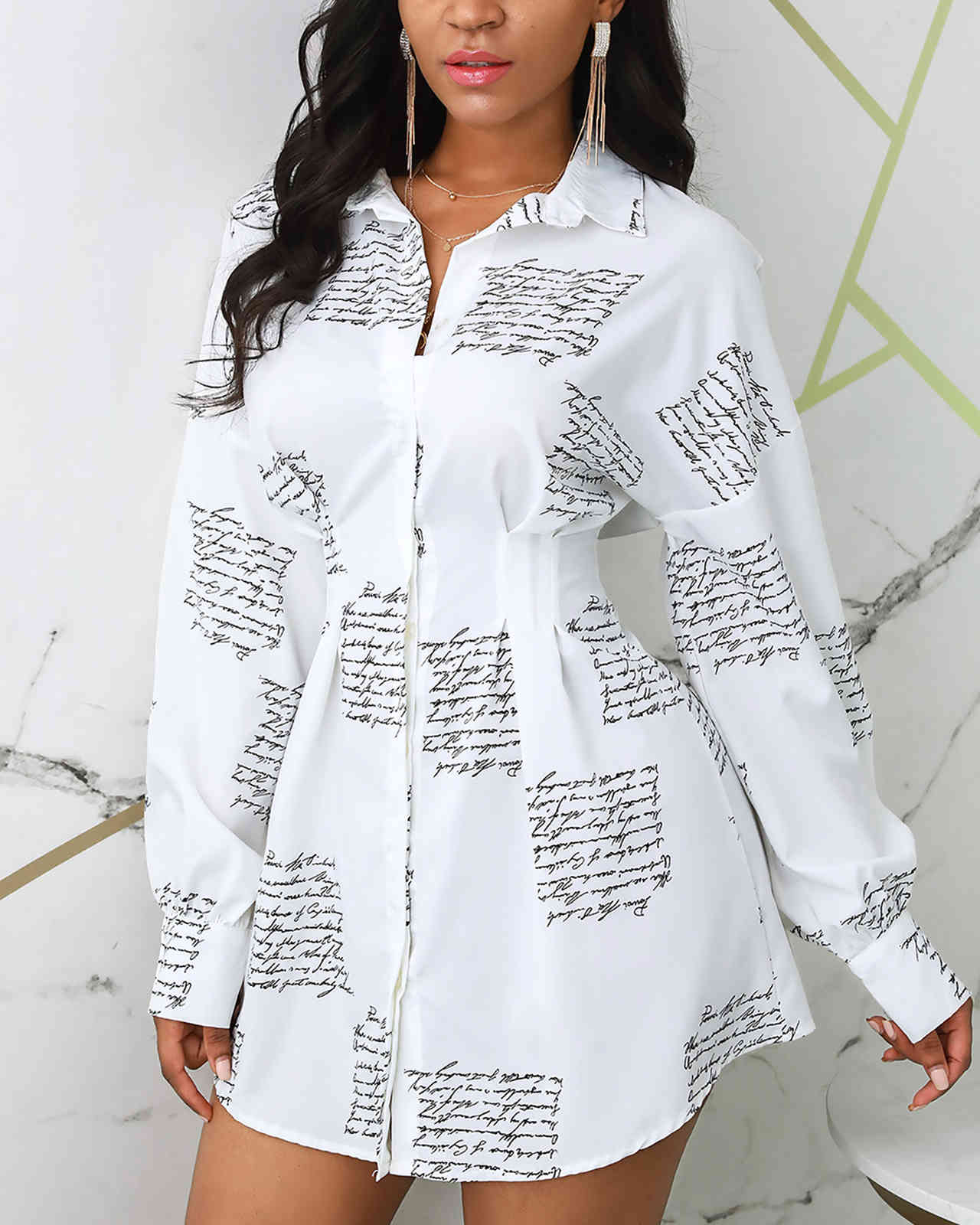 Spring Summer Letter Print Shirt Dress Casual Femme Tight Waist Dress Office Ladies Long Sleeve Outfits Ladies New Vestido 210415