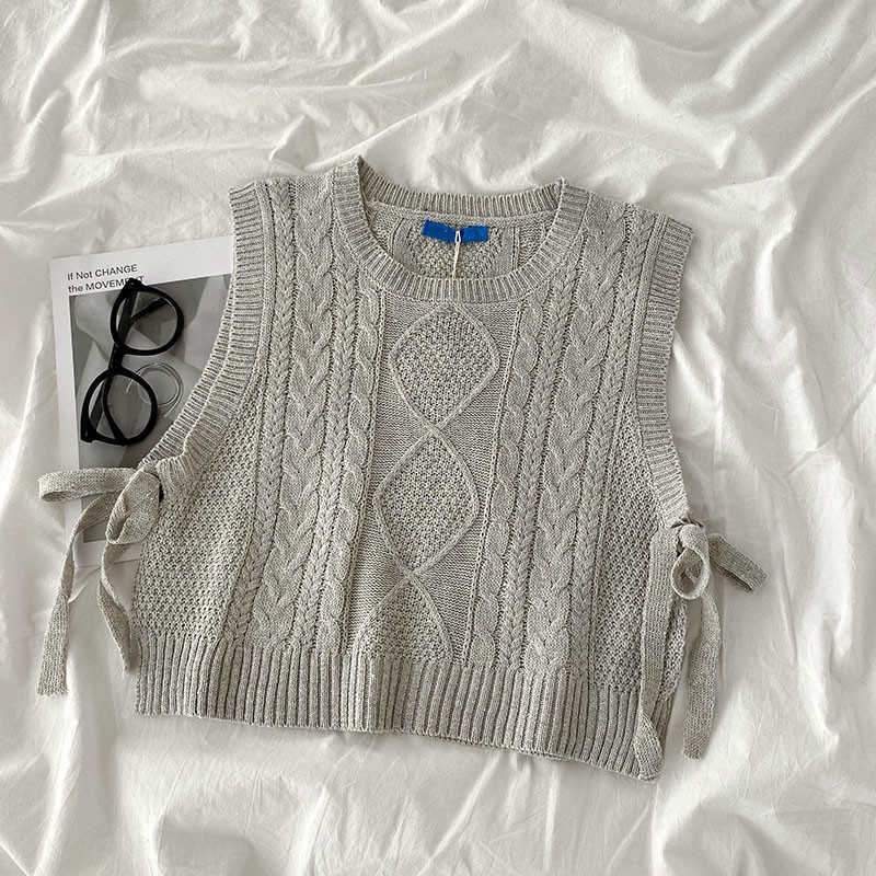 Ezgaga Women Sweater Vest Autumn Korean Argyle Bandage Pullover Sleeveless Solid Loose Knit Waistcoat Short Streetwear 210819