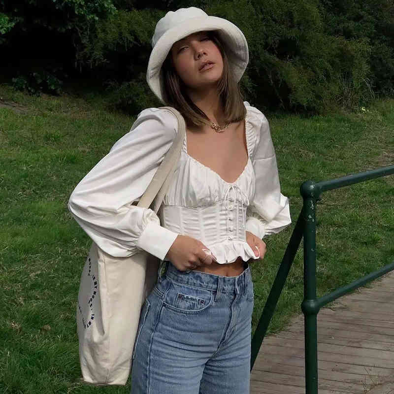 Elegant Long Sleeve Satin Summer Blouse Shirt Women Lace Up Front Crop Top White Short Tops Blusas De Mujer 210427