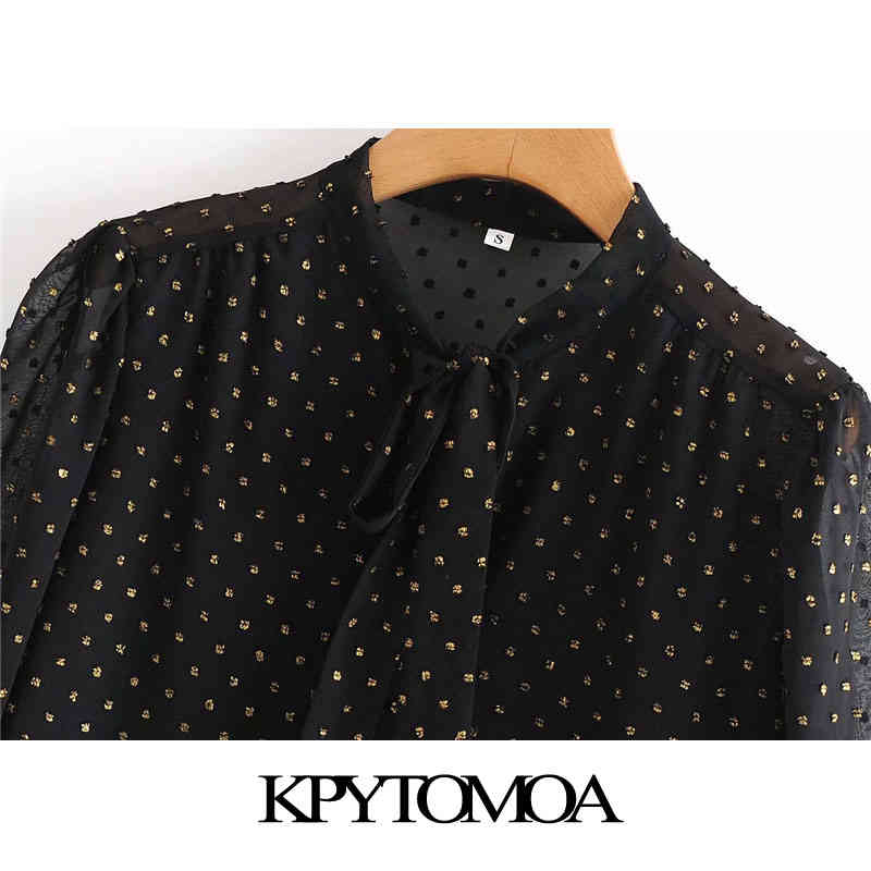 Women Fashion Semi-Sheer Bow Tied Dot Chiffon Blouses Long Sleeve With Lining Female Shirts Chic Tops 210420