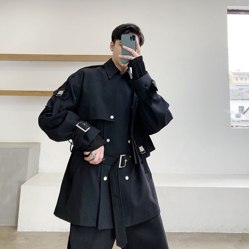 IEFB spring Autumn high quality mid length black windbreaker jackets for men loose handsome lace up cloth with belt 9Y4745 210524