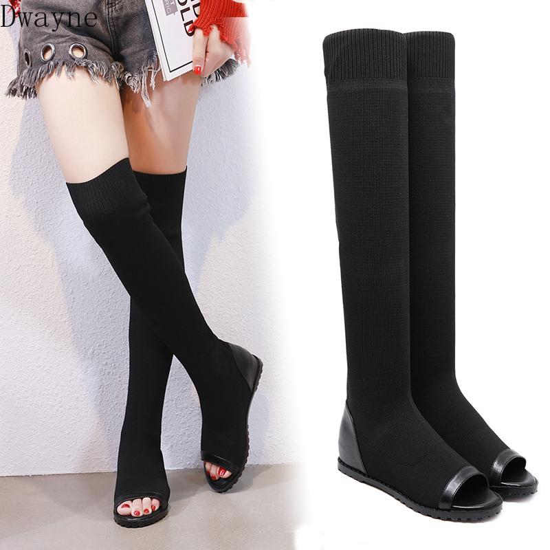 Boots 2021 Women's Wild Knitted Elastic Band Fish Mouth Open Toe, Black