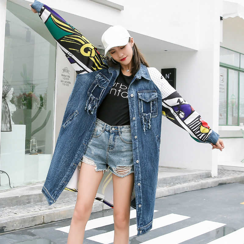 Cartoon Spring Printed Cowboy Patchwork Loose Long Big Size Denim Windbreaker Women Coat Fashion Trench korean B445 210820