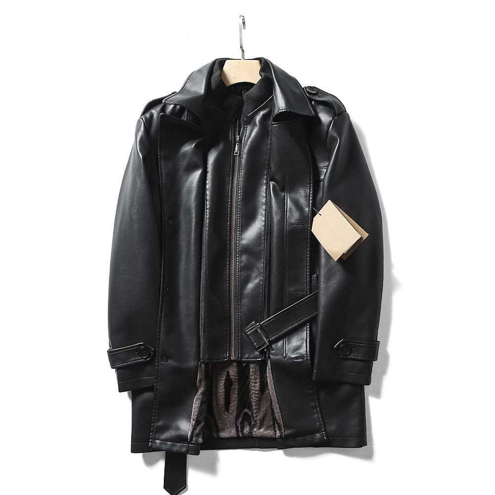 Designer men's leather coat Classic single breasted medium length stand collar detachable false fabric warm business fashion sheepskin, Black
Designer men's leather coat Classic single breasted medium length stand collar detachable false fabric warm business fashion sheepskin, Black