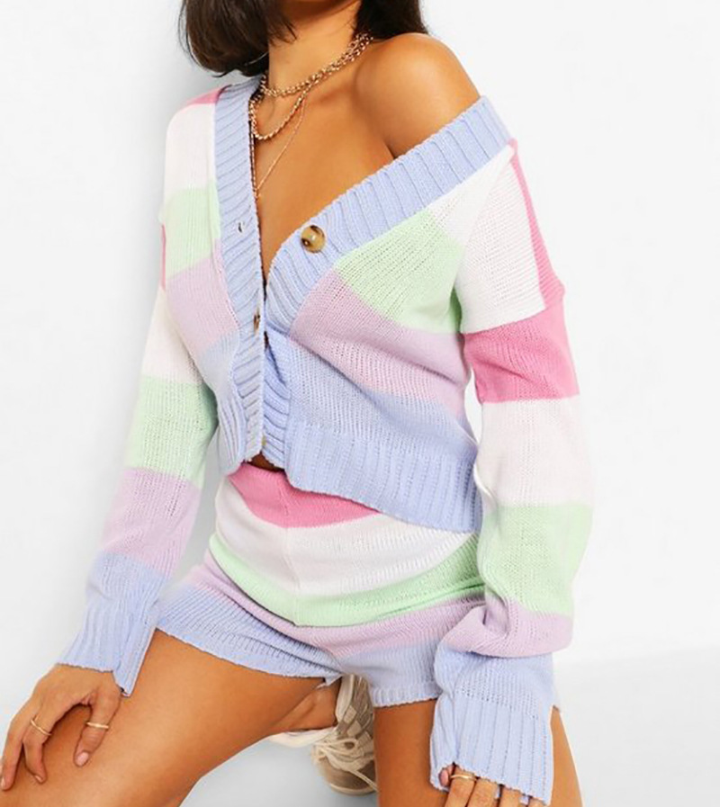 Nomikuma Rainbow Stripe 2piece Sweater Sets Long Sleeve V-neck Knitted Cardigan Coat + Stretch Waist Shorts Women Outfits 6C357 210427