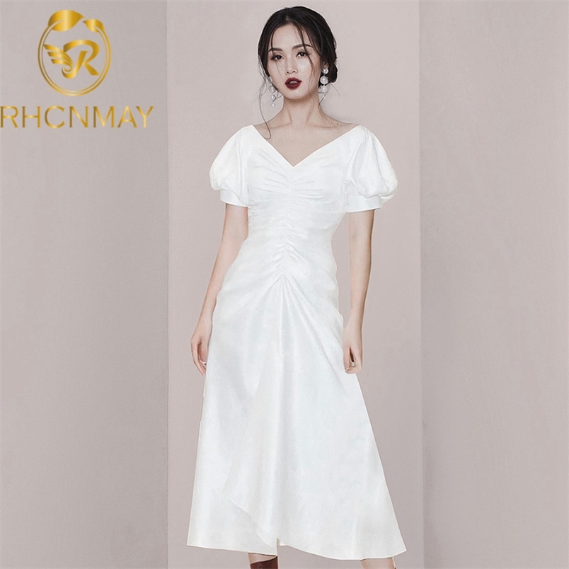 High Quality Casual Elegant Women Sexy V-neck White Dress Summer Fashion Short Sleeve French Vintage Party 210506
