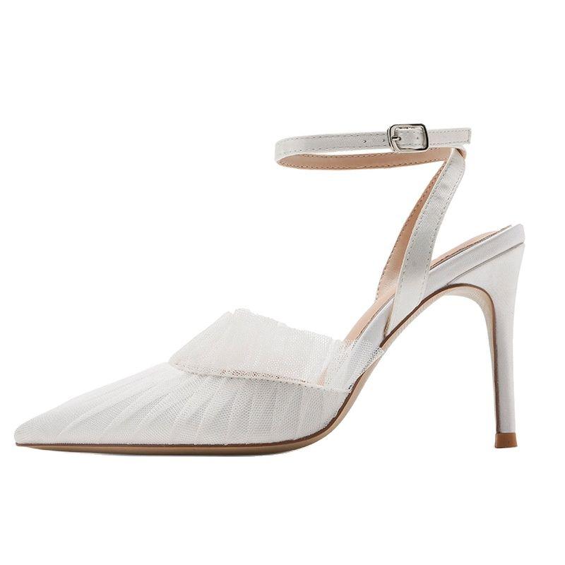 Sandals Pointed-Toe Net Yarn With A Word Buckle Thin Heel Womens Fashion All-Match Korean Style High Heels, White
Sandals Pointed-Toe Net Yarn With A Word Buckle Thin Heel Womens Fashion All-Match Korean Style High Heels, White