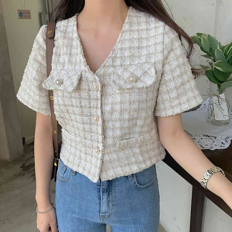 Tweed Korean Vintage Women Coat Summer Short Sleeve V-neck Single Breasted Pockets Ladies Fashion Jacket Tops Femme 210519