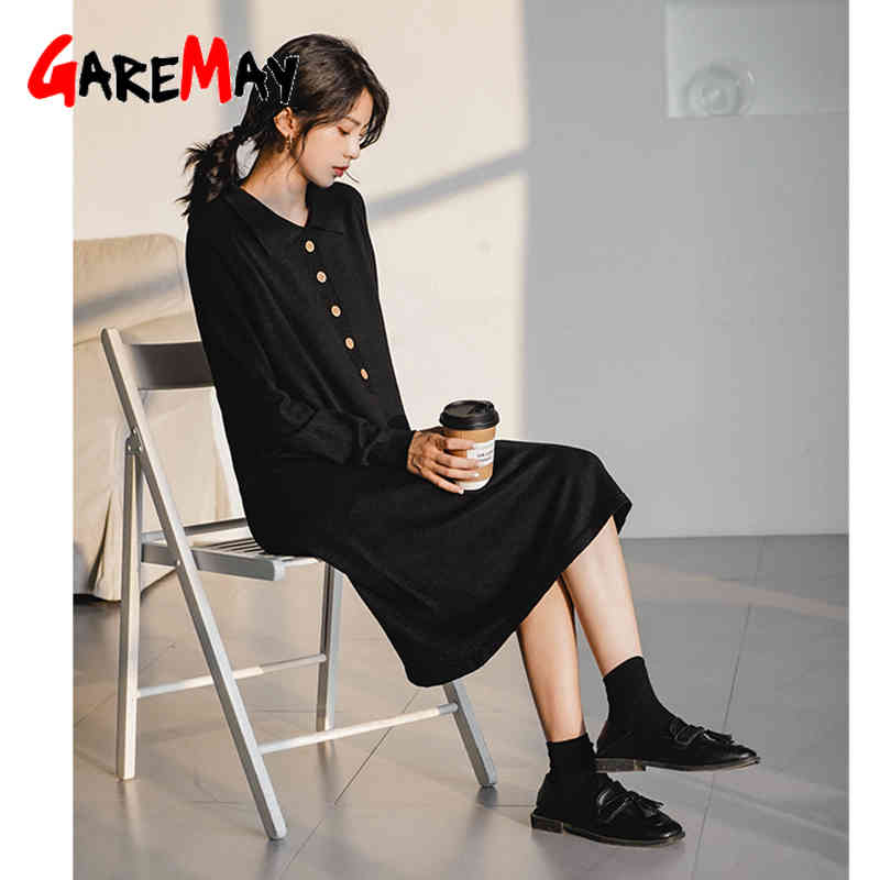 Autumn Women's Dress Office Casual Long Sleeve Maxi Sweater Oversize Turndown Elegant Knitted 210428