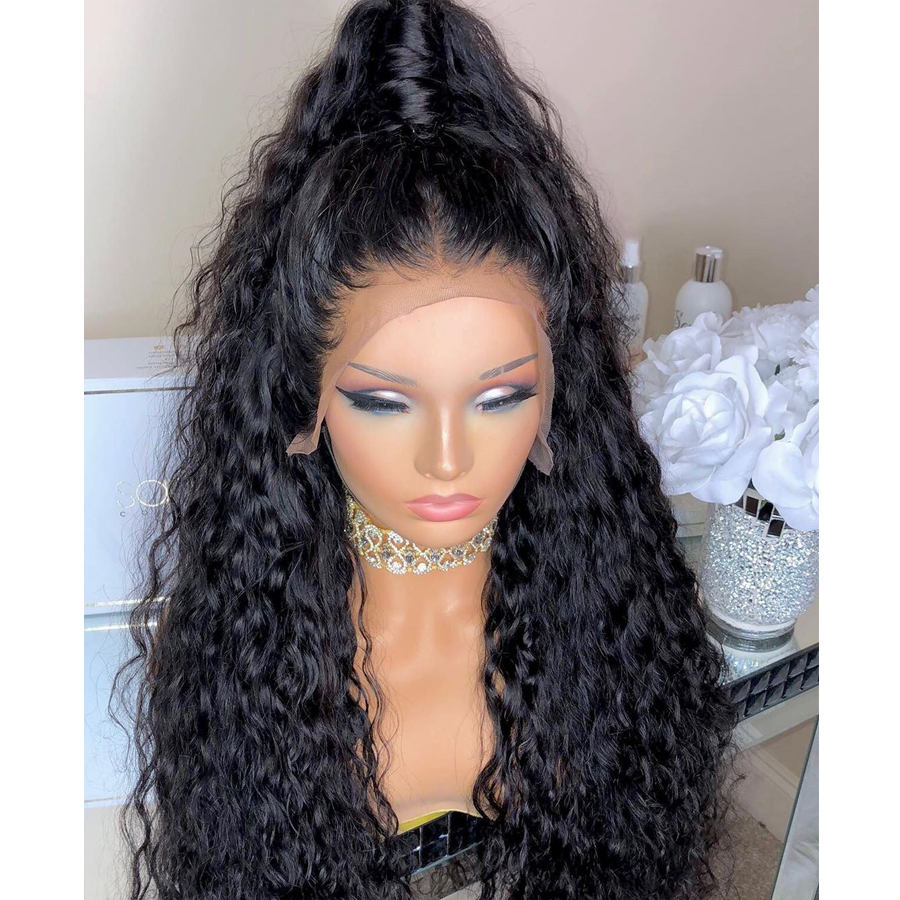 Long Kinky Curly Synthetic Lace Front Wig For Women Black Color Deep Wave Wigs Simulation Human Hair Heat Resistant