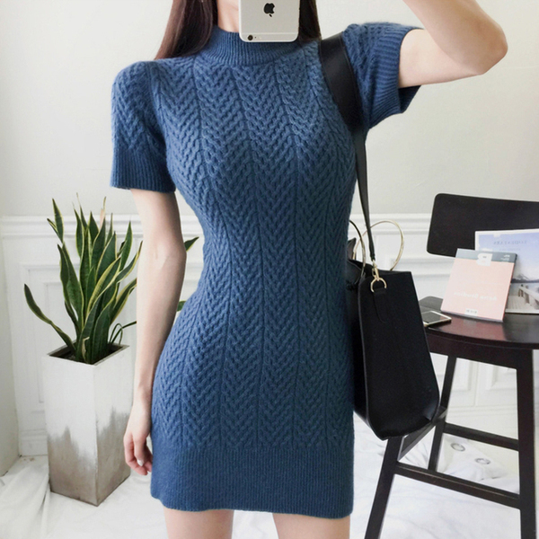 Autumn Winter Warm Bottoming Sweater Women Sexy Slim Bodycon Dress Female Half turtleneck short Sleeve Knitted Dress Vestidos 210518
