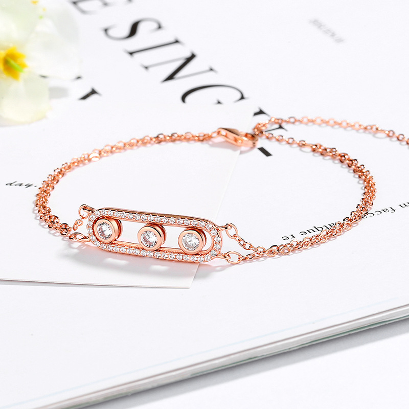 Women 925 Sterling Silver Charm Bracelet Sliding 3 Bead Geometric Cubic Zirconia Double Layers Chains Adjustable Friendship Birthday Gift