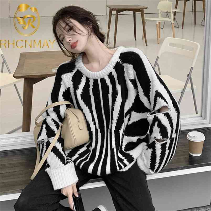 Vintage Zebra Striped Knitted Pullover Sweater Women Autumn Winter Long Puff Sleeve Hole Jumpers Ladies Tops 210506