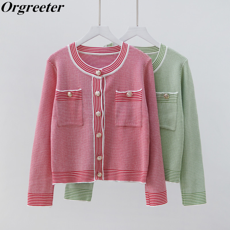 Temperament Color-blocking Knitted Cardigan Spring Fall Fashion Thin Double pocket Plaid Sweater Jacket Outerwear 210525, Green 
Temperament Color-blocking Knitted Cardigan Spring Fall Fashion Thin Double pocket Plaid Sweater Jacket Outerwear 210525, Green