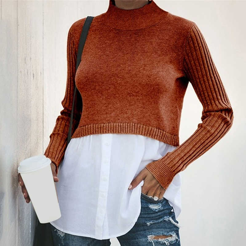 GAOKE Autumn Winter Black Knit Sweater Women Patchwork Long Sleeve Button Pullover Jumper 210914