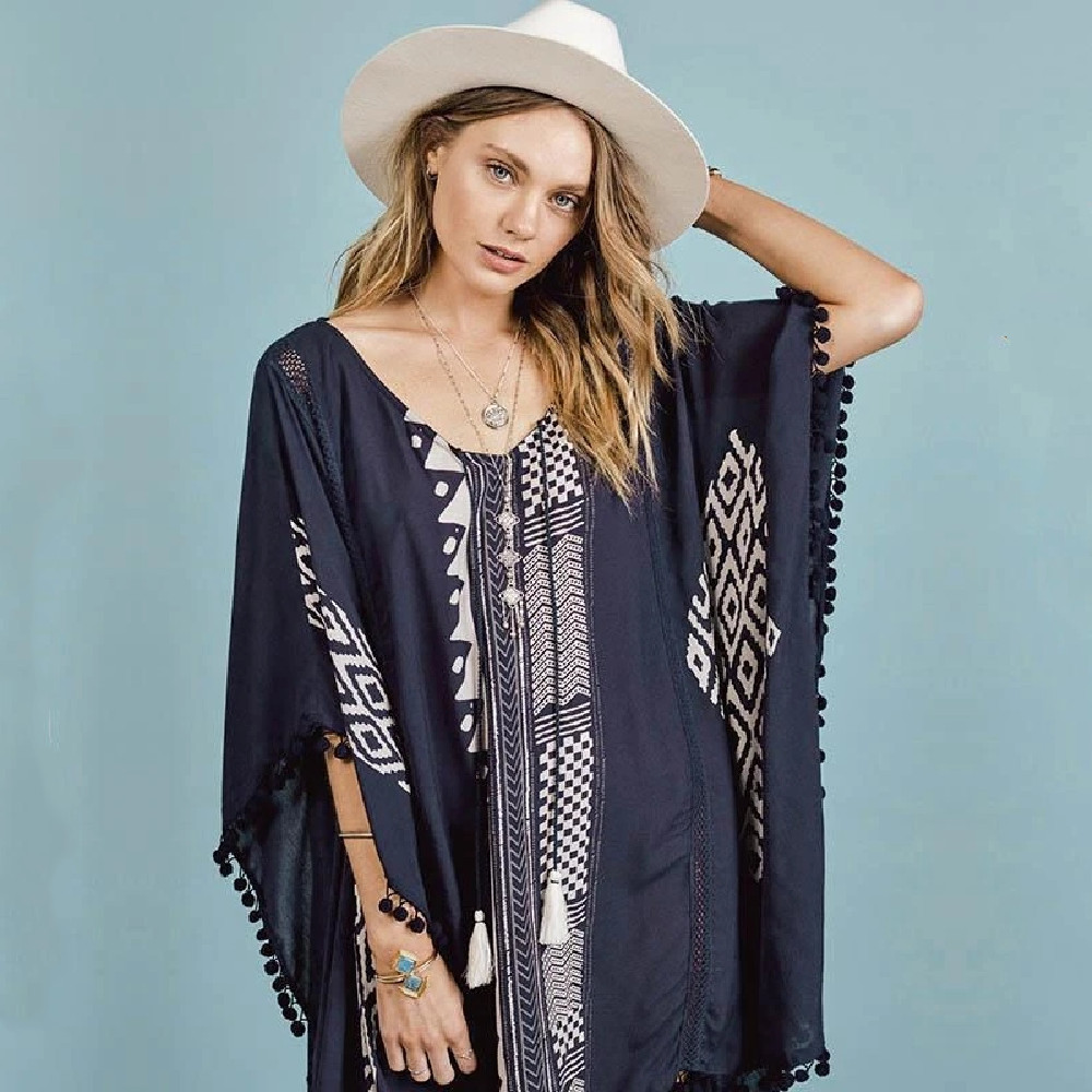 Beach Cover up With Tassel Rayon Vintage Swimwear Tunics Kaftan Dress wear Women Large Size Robe de Plage #Q338 210420