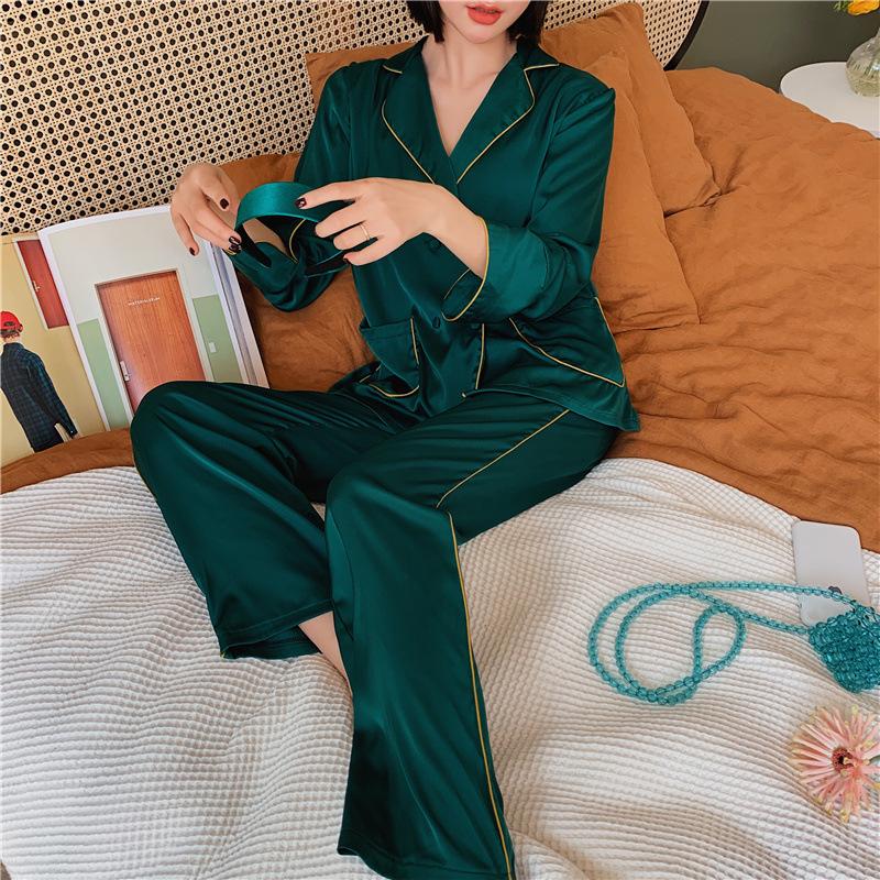 Summer Satin 2PCS Pajamas Suit Women Shirt&Pants Sleepwear Silky Homewear Pyjamas Casual Kimono Gown Intimate Lingerie Women's