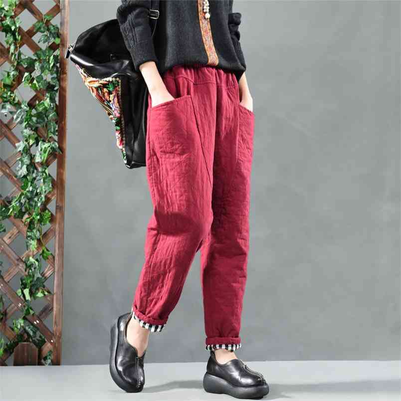 Autumn Winter Arts Style Women Elastic Waist Loose Cotton Linen Harem Pants quilted Big pocket Vintage S404 210512