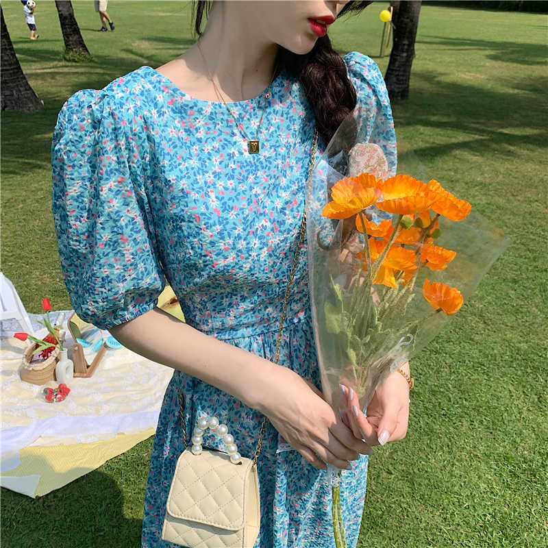 Woman Dress Korean Floral Elegant Slim Waist Puff Sleeve Vestidos Femme Bow Bandage Backless Dresses 6H383 210603