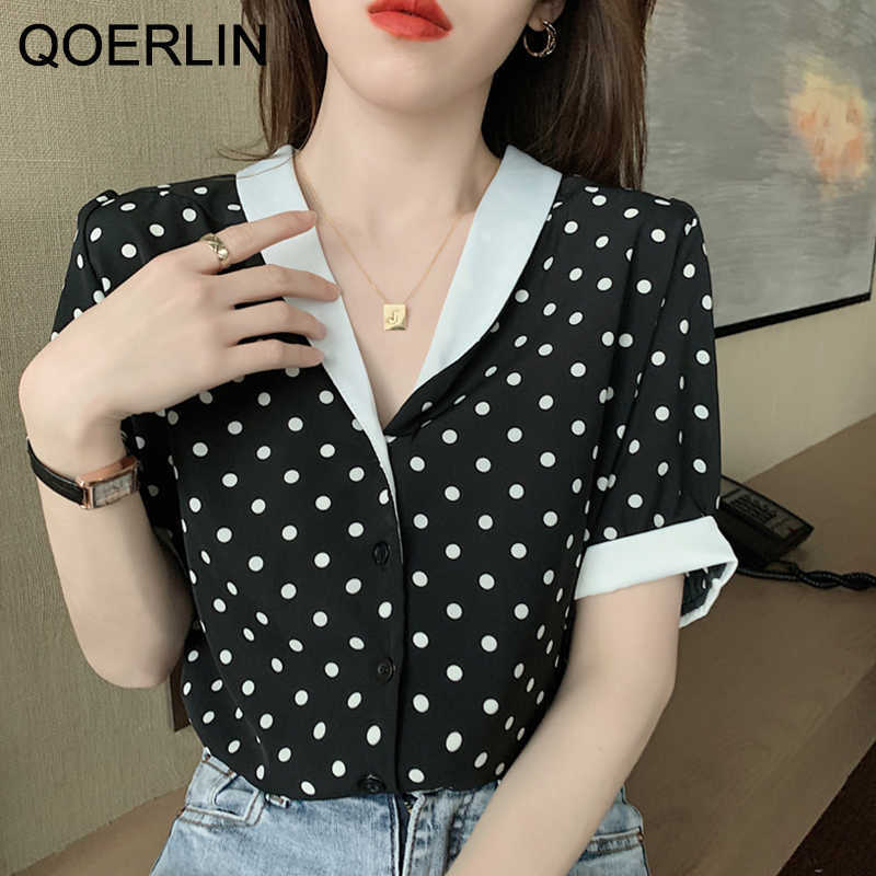 Polka Dot Chiffon Shirt Women Summer Fashion V-Neck Korean Elegant Slim Black Plus Size Top Blouse Ladies 210601