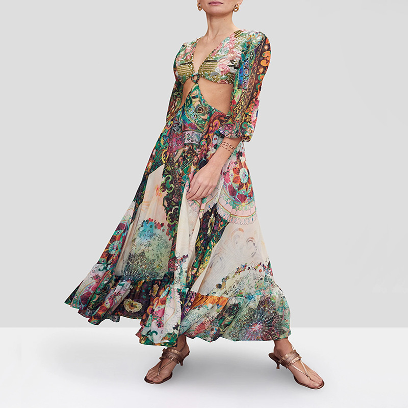 Women Dress Printed Spaghetti Strap es Deep V Neck Hollow Out Large Hem Maxi Plus Size Sexy Party es 210513