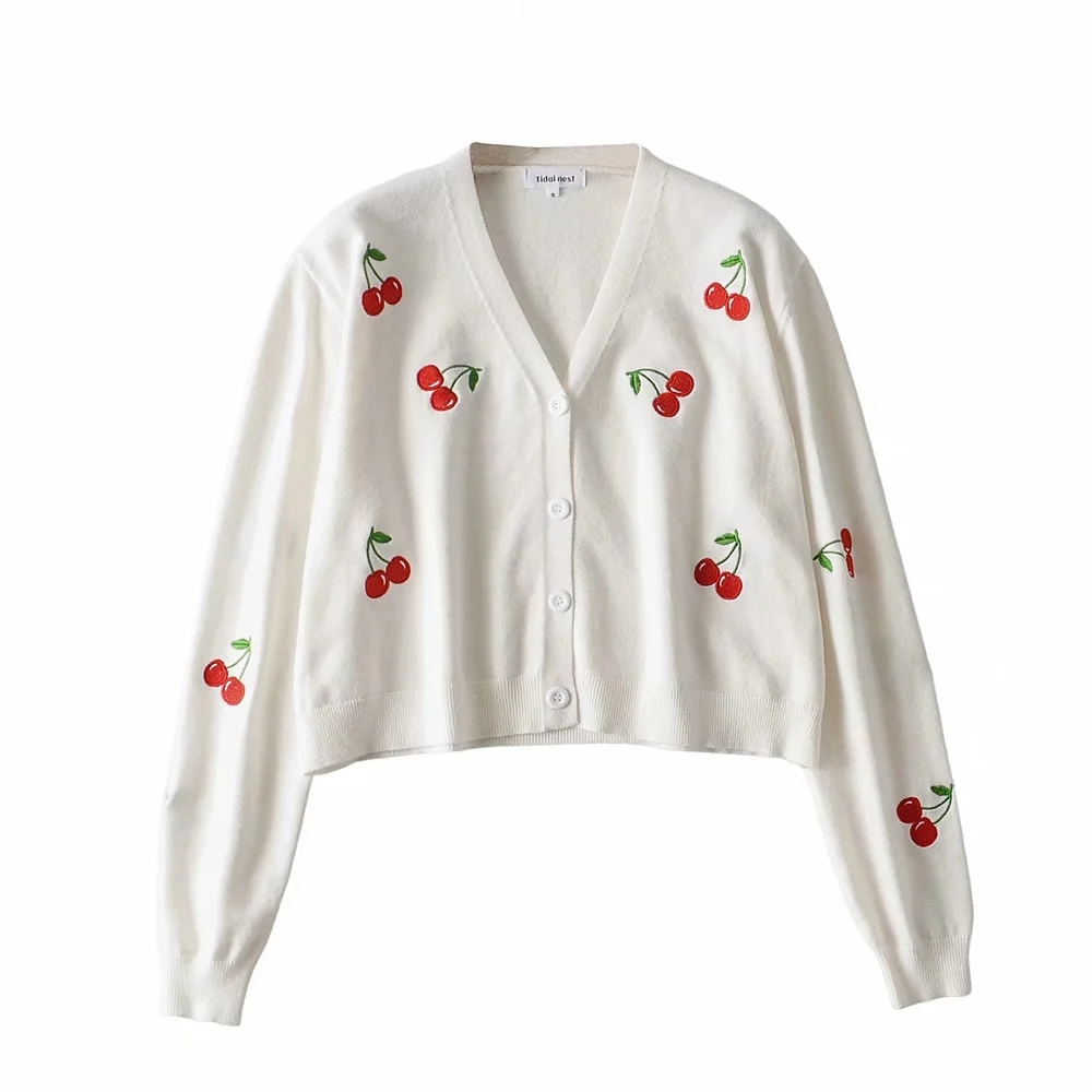 Vintage Cherry embroidery cardigans sweater women korean Women knitted coat 210521