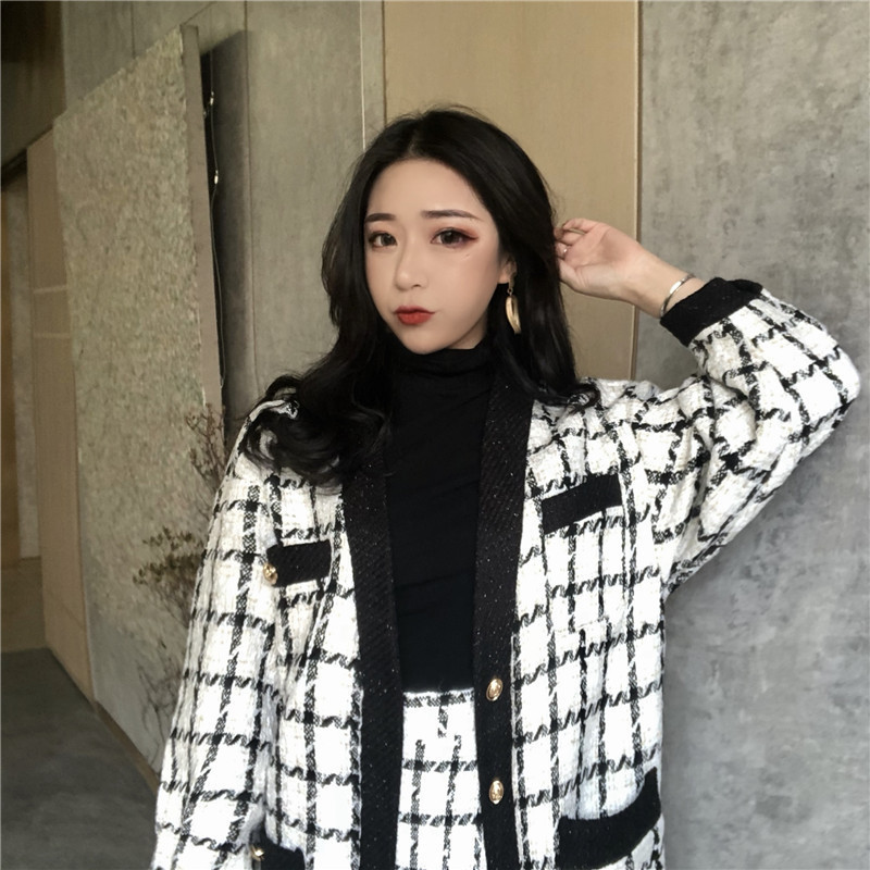 Top Quality Autumn Winter Contrast Black and White Plaid Tweed 2 Piece Set Women Loose Woolen Jacket Coat + Slim Short Skirt Set 201030