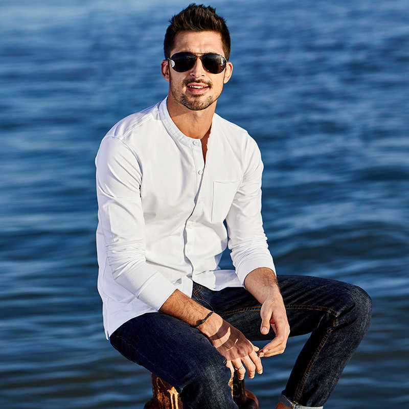 KUEGOU Cotton elastic men's long sleeve t shirt male slim autumn open collar men's fashion tshirt top plus size ZT-765 201004