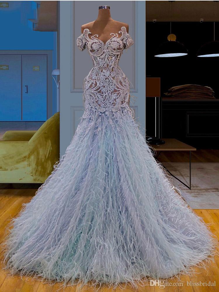 Arabic Style Aso Ebi Baby Blue Feather Evening Dress Prom Dresses Illusion Lace Applique Top Long Formal Party Gowns Robe De Soiree Es Es Es es