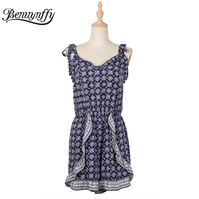 V-neck Frill Trim Print Strap Romper Women Boho Casual Summer Playsuits High Waist Sleeveless Holiday Style Rompers 210510