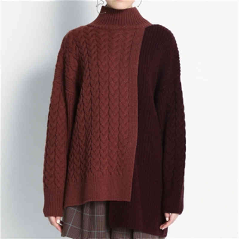 Women Knit Half High Collar Sweater Personality Minima List Hem Asymmetric Hit Color Ladies Pullover Loose Outer Wear Top 210515
