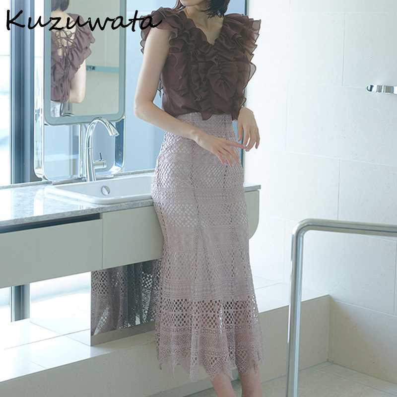 Kuzuwata Elegant Lace Hook Flower 2 Pcs Women Set O Neck Sleeveless Ruffles Shirt + High Waist Hip Slim Skirt Summer Suit 210708