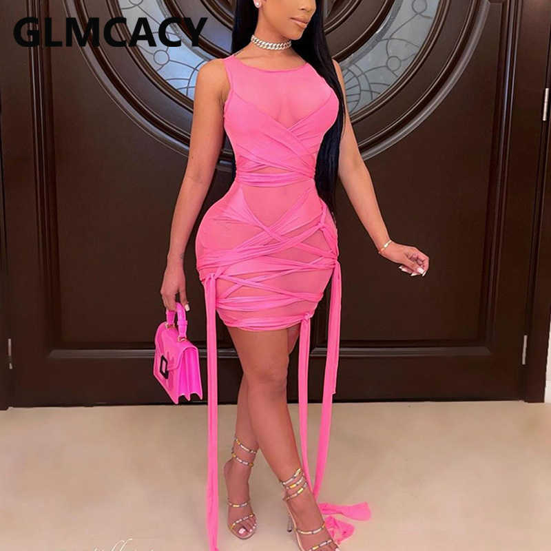 Women Sleeveless Mesh Bodycon Dress Belt Detail Night Out Club Paprty Mini Dresses 210702