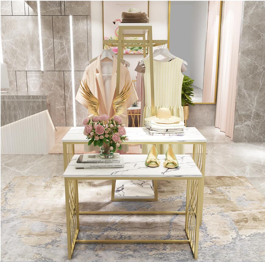 Clothing store table display rack Commercial Furniture Island double row gold shoe bag displays tables