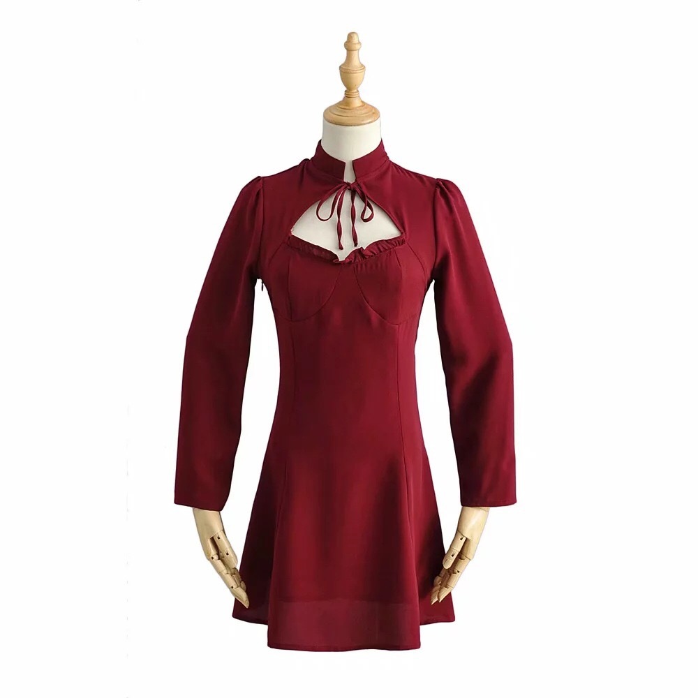 Vintage France Style Solid Color Hollow Out Women Dress Wine Red Long sleeve Lacing up Collar Slim Girl's Mini Dresses 210429