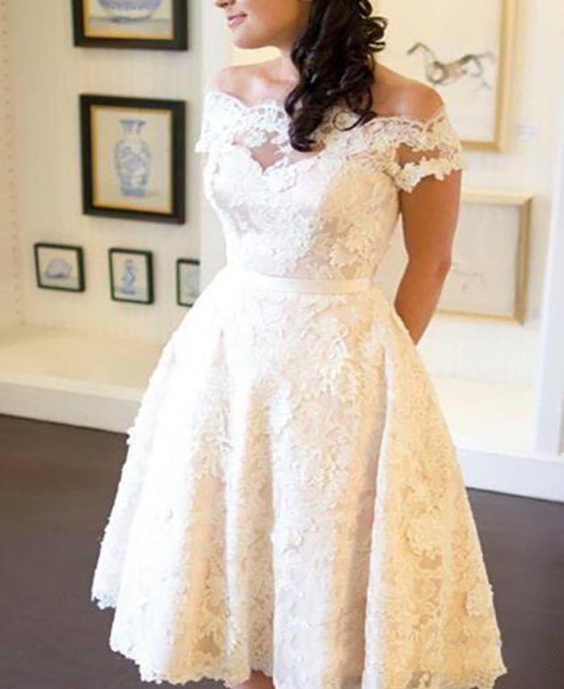 1950S Vintage Tea Length Wedding Dress Off Shoulder Sleeve Full Lace A Line Short Bridal Gowns Custom Size 0431