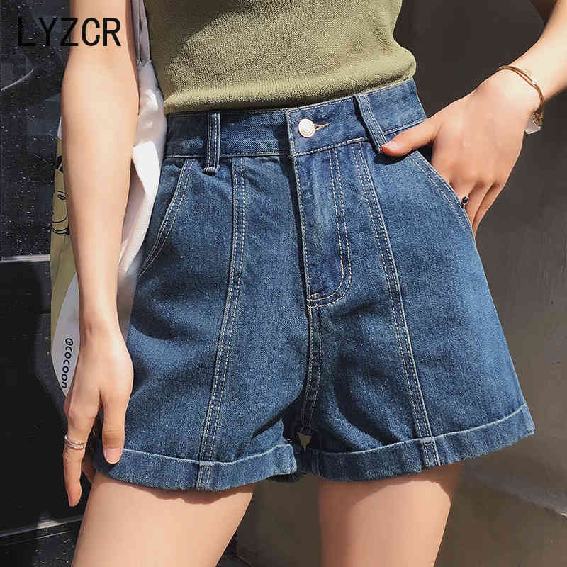 LYZCR Wide Leg Denim Shorts For Women Summer High Waist Jeans Shorts Women Casual Loose Women's Shorts Jean White Kahki 210408