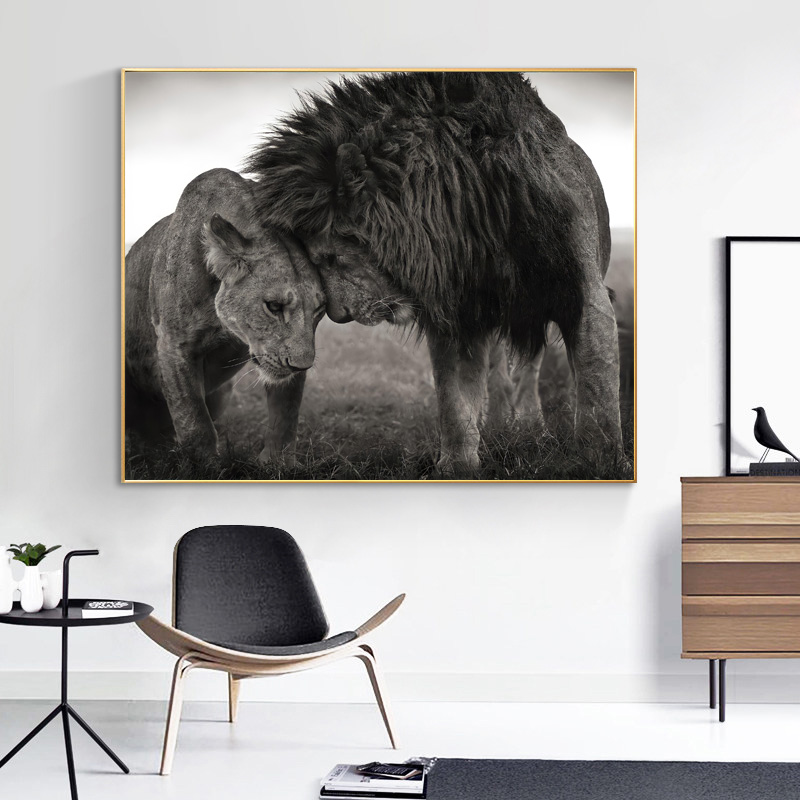 Lion head to head black and white canvas art fashion painting posters and prints Scandinavian Cuadros wall art pictures living room interior minimalis