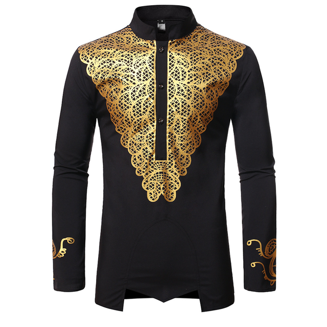 Luxury Metallic Gold Print African Man Clothing Agbada Kaftan Attire White Wedding Mens Dress Shirts Nehru Collar Dashiki Shirt Men's Casual