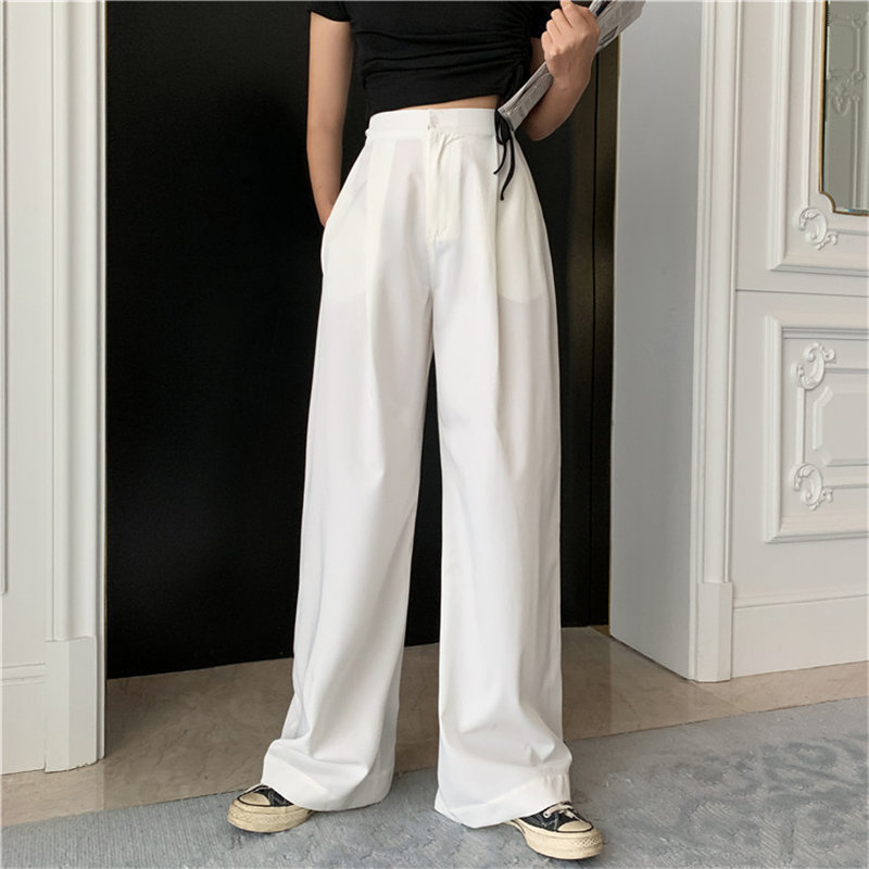 Selling Autumn White High Waist Slender Quality Streetwear Suit Full-Length Large Size Wide Leg Trousers 210421