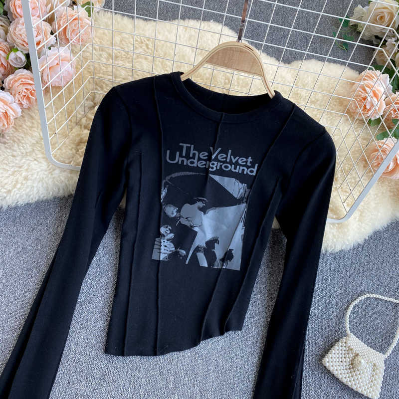 Lady Basic Long Sleeve T-shirt Women's Spring Round Neck Print Irregular Short To Ins Casual Clothes Q750 210527