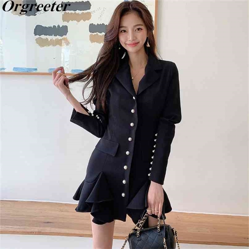 Korean Temperament Lapel Single-row Pearl button Slim Bodycon Mermaid Dress Spring Fall Beaded Stitching Ruffled Blazer 210602, Black
Korean Temperament Lapel Single-row Pearl button Slim Bodycon Mermaid Dress Spring Fall Beaded Stitching Ruffled Blazer 210602, Black
