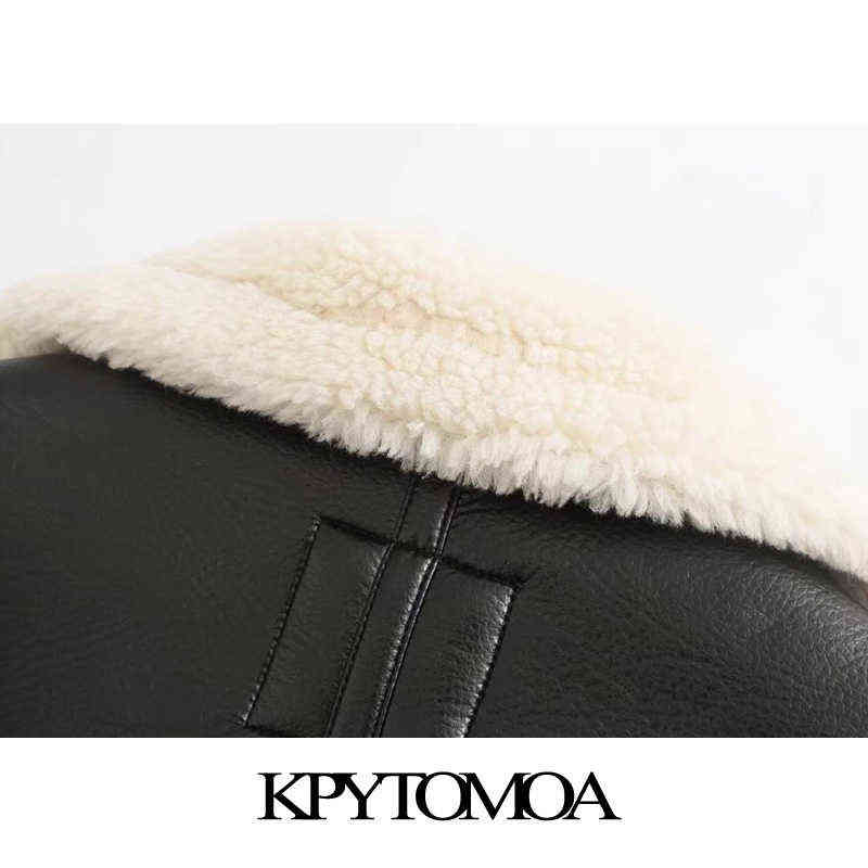 KPYTOMOA Women Fashion Thick Warm Faux Leather Shearling Jacket Coat Vintage Long Sleeve Flap Pockets Female Outerwear Chic Tops 211130