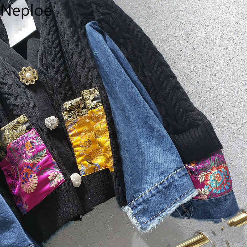 Neploe New Arrival Knitted Cardigan Chinese Style Patchwork Cowboy Sweaters Women Chic Embroidery Loose Sueter Coat 94552 210422