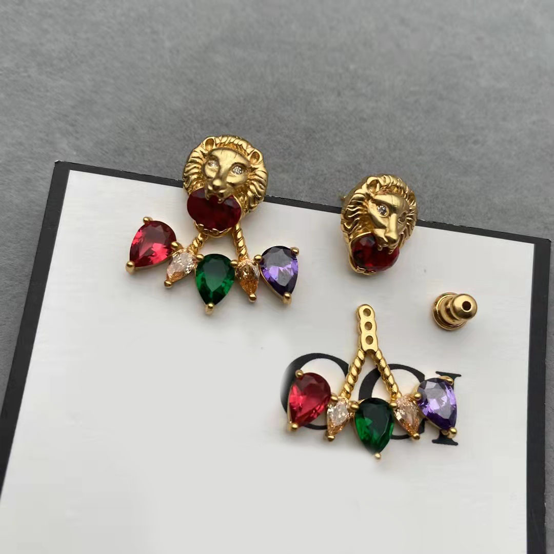 Luxury designer color crystal lion head earrings ladies fashion simple jewelry