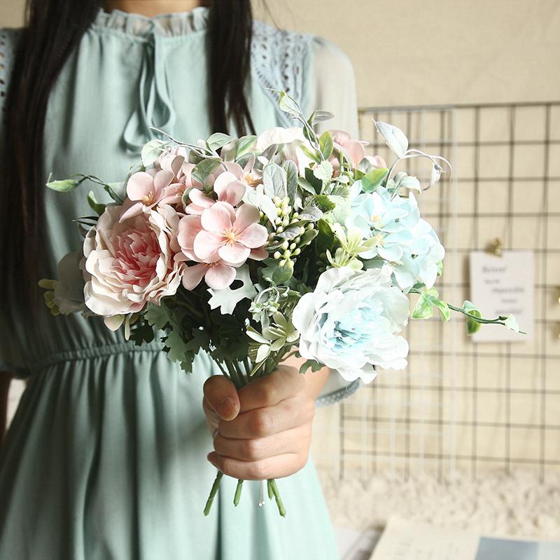 LuanQI Camellia Artificial Flowers Hydrangea Silk Peony Bouquet Fake Flower DIY Rose Wedding Supply Bride Holding Decor For Home Decorative